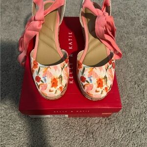 Kelly & Katie Pink Floral Espadrille Wedges with Ankle Ties